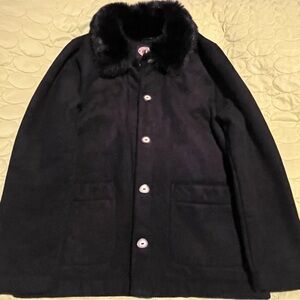 Elegant Black Fur-Collar Pea Coat